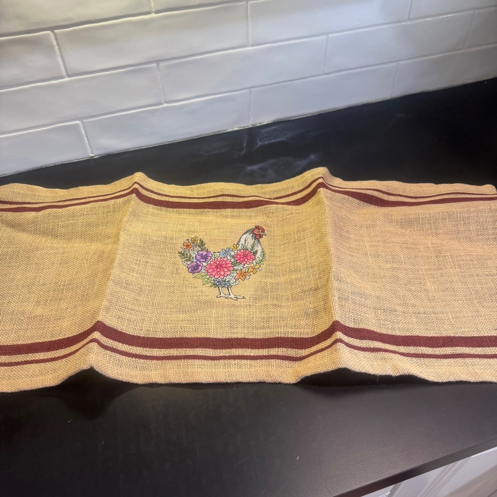 Table Runner Home Decor 36x13 Tan Burgundy Floral Chicken Jute Farmhouse Burlap